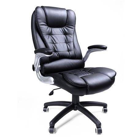 Poltrona per ufficio COCO, Design Elegante con Cuciture a Vista, Braccioli Abbattibili, in Pelle color Nero
