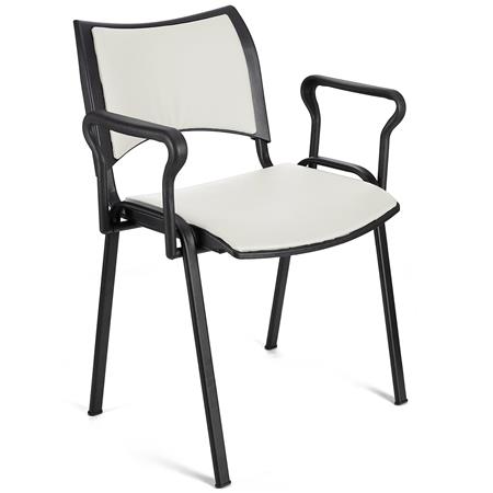 Sedia da Attesa ROMMEL PELLE CON BRACCIOLI, Comoda Imbottitura, Impilabile, in Bianco e Gambe Nere