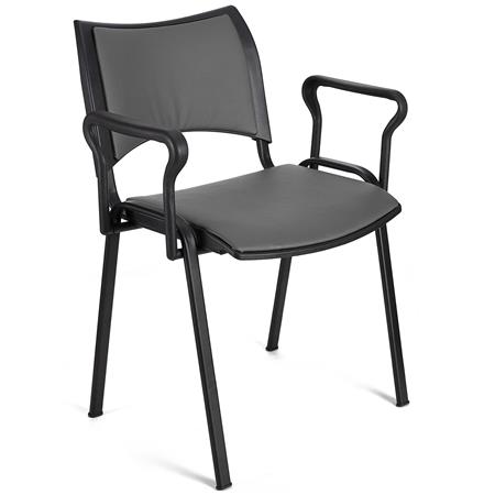 Sedia da Attesa ROMMEL PELLE CON BRACCIOLI, Comoda Imbottitura, Impilabile, in Grigio e Gambe Nere