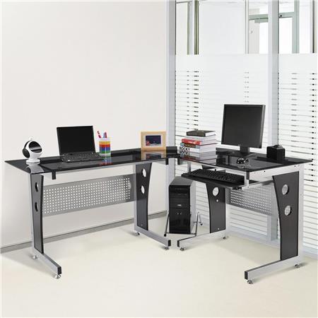 Scrivania da ufficio VOCAR, 164x139x75 cm, Vetro e Legno, colore Nero