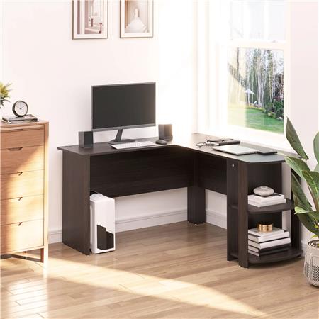 Scrivania da ufficio DAVEN, 136x130x72 cm, con Ripiani, in Legno, Marrone Scuro