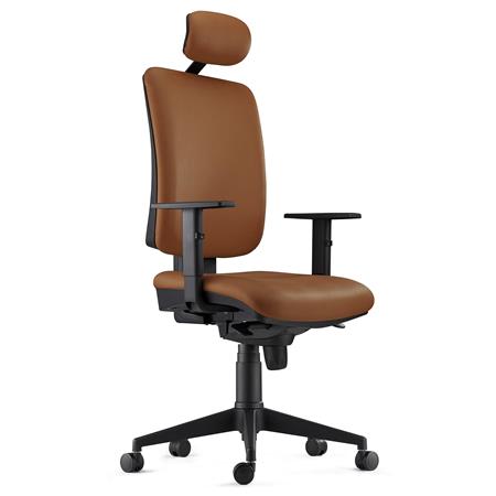 Sedia Ergonomica PIERO, in Vera Pelle color Marrone, con Poggiatesta e Braccioli Regolabili