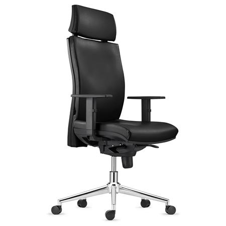 Sedia Ergonomica MARVEL, in Pelle color Nero, con Base Metallica, con Poggiatesta e Sostegno lombare