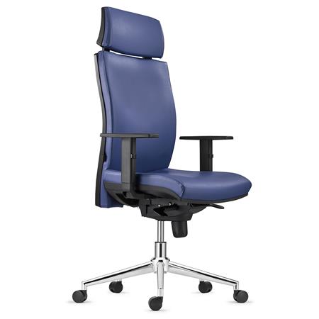 Sedia Ergonomica MARVEL in Vera Pelle color Blu, con Base Metallica, con Poggiatesta e Supporto Lombare