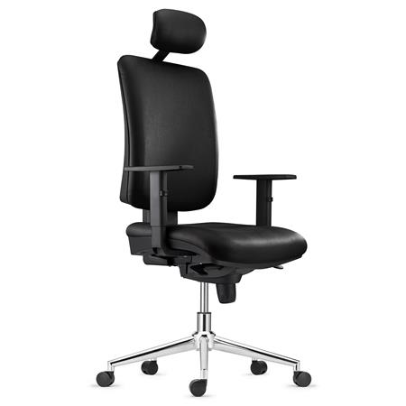 Sedia operativa PIERO, con Base in Metallo Cromato e Poggiatesta, in Vera Pelle color Nero