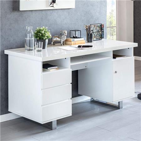 Scrivania di Design DUBAI, 140x76x60 cm, Struttura Metallica, Con Cassettiera, Bianco Lucido
