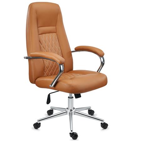 Poltrona da ufficio ISTANBUL, Design con Cuciture a Vista, in Pelle e Acciaio, Marrone Chiaro
