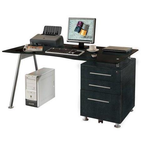 DEMO# Scrivania per Computer NERO, in vetro nero temperato, con cassettiera, cm 120x60