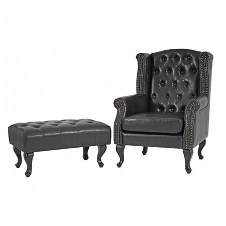 Poltrona ELISABETH, Poggiapiedi, Stile Chester, Elegante, Pelle, Nero