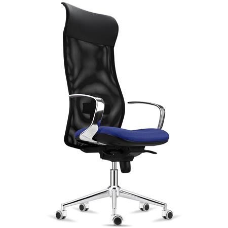 Sedia da Ufficio YEDA, Schienale Alto, Design Esclusivo, Rete e Tessuto Blu Scuro