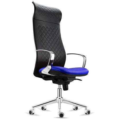 Sedia di Design YEDA, Acciaio, Schienale Alto, Cuciture a Vista, in Pelle, Sedile Blu