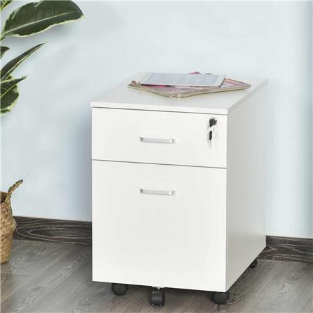 Cassettiera con ruote NYSA, 2 Cassetti, Serratura con Chiave, Legno Bianco