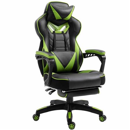 Poltrona Gaming TRONE, Reclinabile, XXL, con Poggiapiedi, in Pelle Nero/Verde