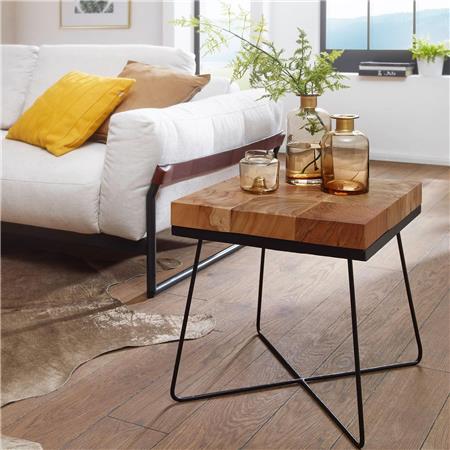 Tavolino TUCANO, 45x45x51cm, Stile Industriale, In Metallo e Legno Acacia